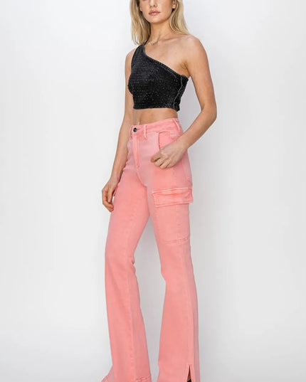 RISEN Full Size High Rise Side Slit Cargo Bootcut Jeans - THE AMERICAN BLUE