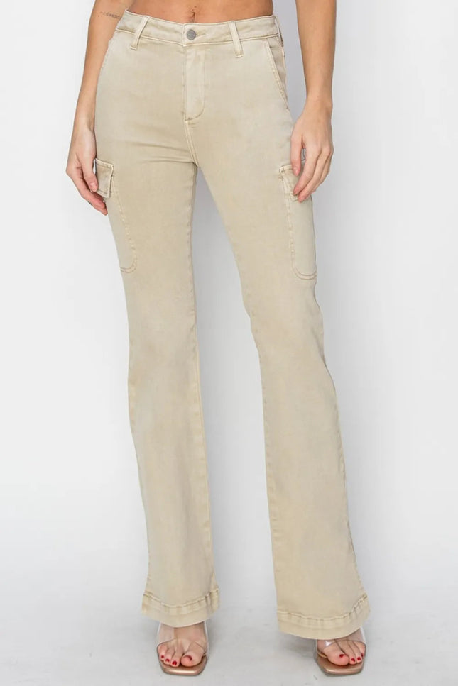 RISEN Full Size High Rise Side Slit Cargo Bootcut Jeans - THE AMERICAN BLUE