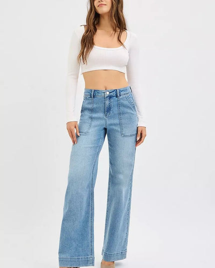 RISEN Full Size High Rise Straight Leg Jeans with Front Pockets Plus Size - THE AMERICAN BLUE