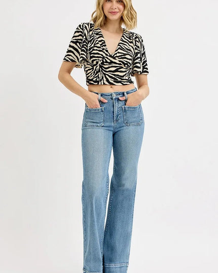 RISEN Full Size High Rise Wide Flare Patch Pocket Jeans Plus Size - THE AMERICAN BLUE