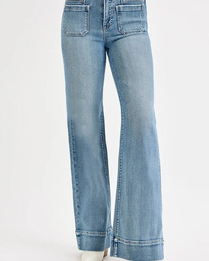 RISEN Full Size High Rise Wide Flare Patch Pocket Jeans Plus Size - THE AMERICAN BLUE