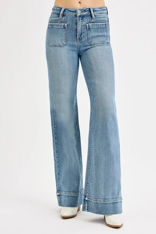 RISEN Full Size High Rise Wide Flare Patch Pocket Jeans Plus Size - THE AMERICAN BLUE
