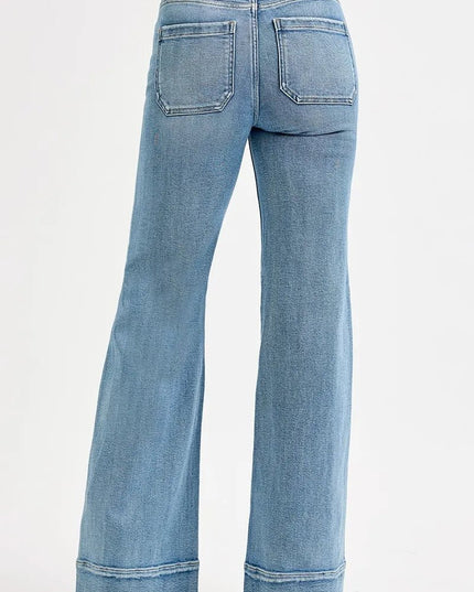 RISEN Full Size High Rise Wide Flare Patch Pocket Jeans Plus Size - THE AMERICAN BLUE