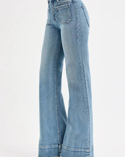 RISEN Full Size High Rise Wide Flare Patch Pocket Jeans Plus Size - THE AMERICAN BLUE