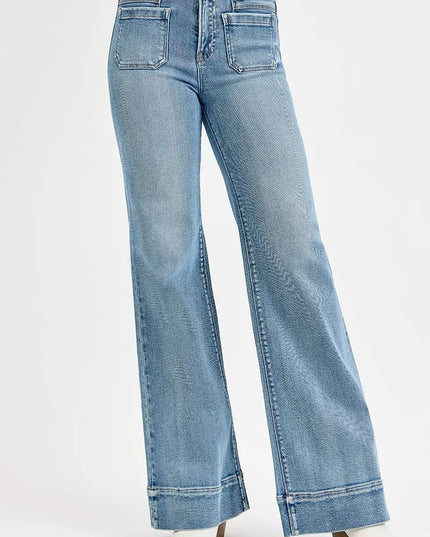 RISEN Full Size High Rise Wide Flare Patch Pocket Jeans Plus Size - THE AMERICAN BLUE