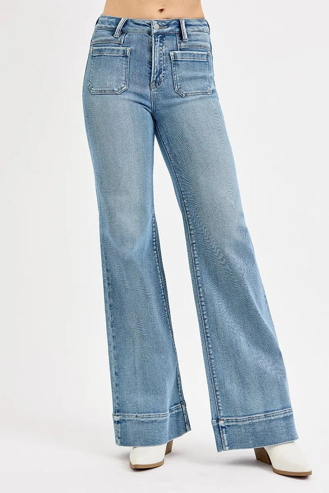 RISEN Full Size High Rise Wide Flare Patch Pocket Jeans Plus Size - THE AMERICAN BLUE