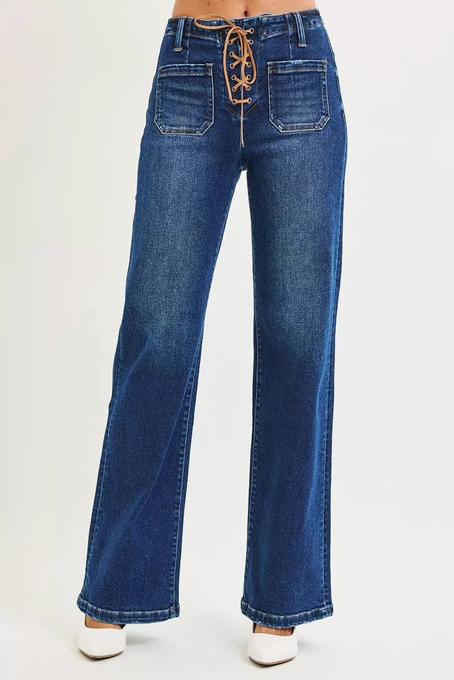 RISEN Full Size High Rise Wide Leg Jeans with Front Tie Detail Plus Size - THE AMERICAN BLUE