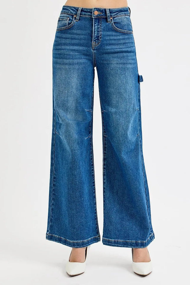 RISEN Full Size High Rise Wide Leg Patch Detailed Jeans Plus Size - THE AMERICAN BLUE