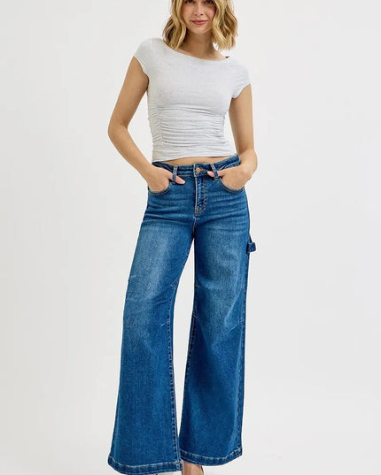 RISEN Full Size High Rise Wide Leg Patch Detailed Jeans Plus Size - THE AMERICAN BLUE