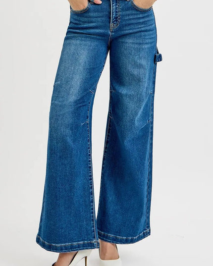 RISEN Full Size High Rise Wide Leg Patch Detailed Jeans Plus Size - THE AMERICAN BLUE