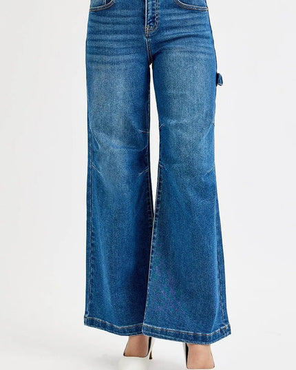 RISEN Full Size High Rise Wide Leg Patch Detailed Jeans Plus Size - THE AMERICAN BLUE