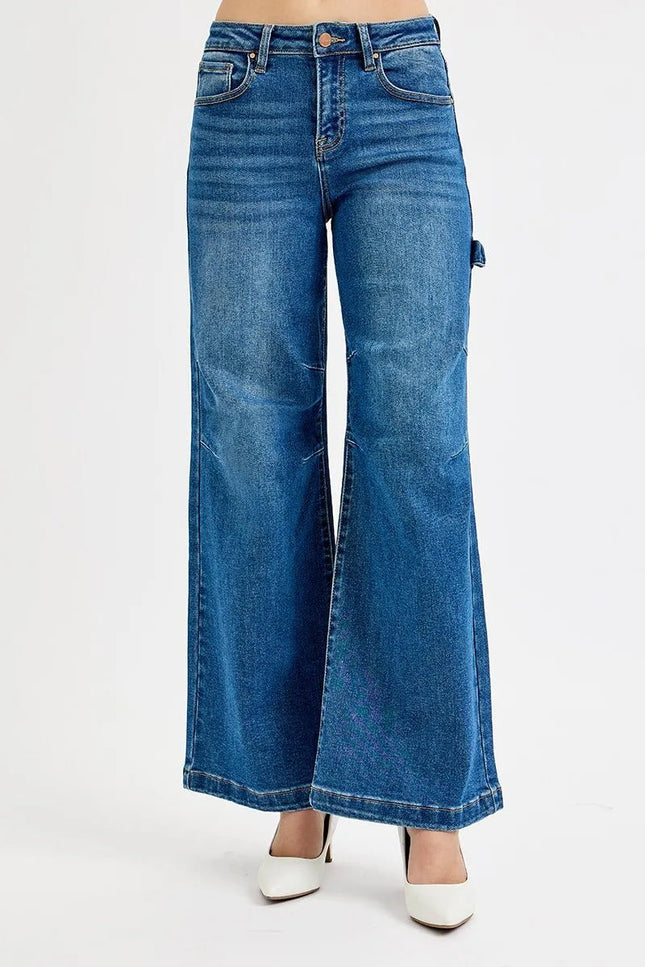 RISEN Full Size High Rise Wide Leg Patch Detailed Jeans Plus Size - THE AMERICAN BLUE