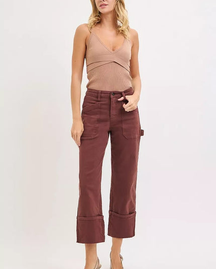 RISEN Full Size High Rise Wide Straight Cuffed Patch Jeans Plus Size - THE AMERICAN BLUE
