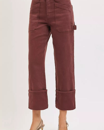 RISEN Full Size High Rise Wide Straight Cuffed Patch Jeans Plus Size - THE AMERICAN BLUE