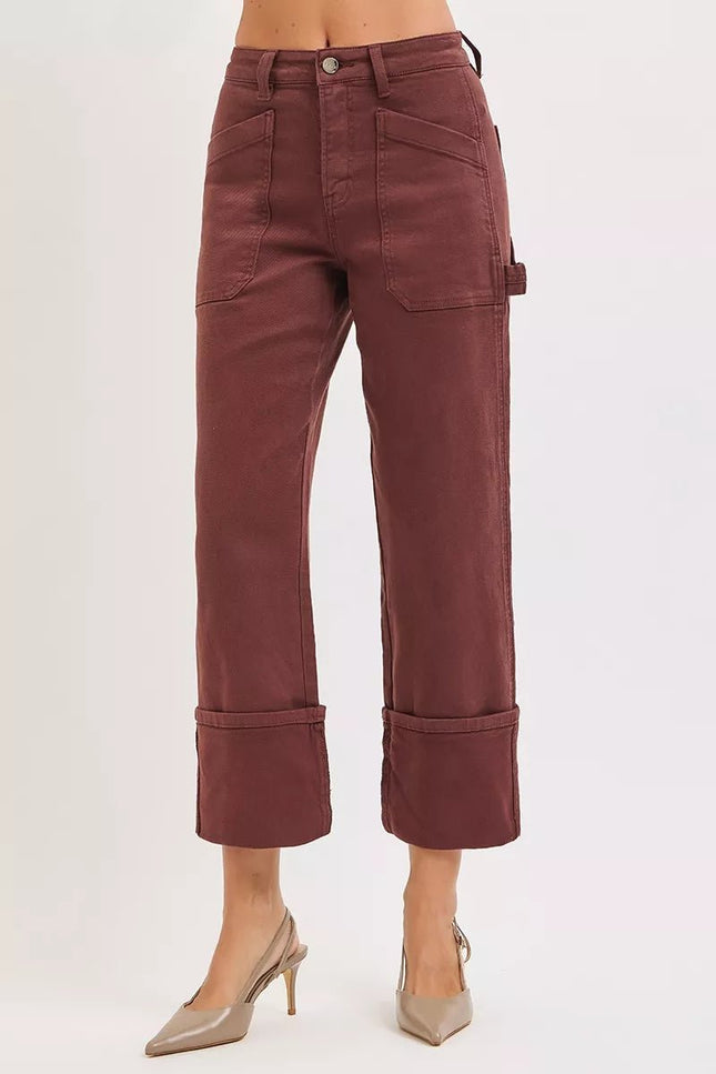 RISEN Full Size High Rise Wide Straight Cuffed Patch Jeans Plus Size - THE AMERICAN BLUE