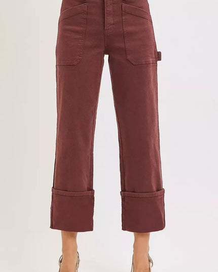 RISEN Full Size High Rise Wide Straight Cuffed Patch Jeans Plus Size - THE AMERICAN BLUE