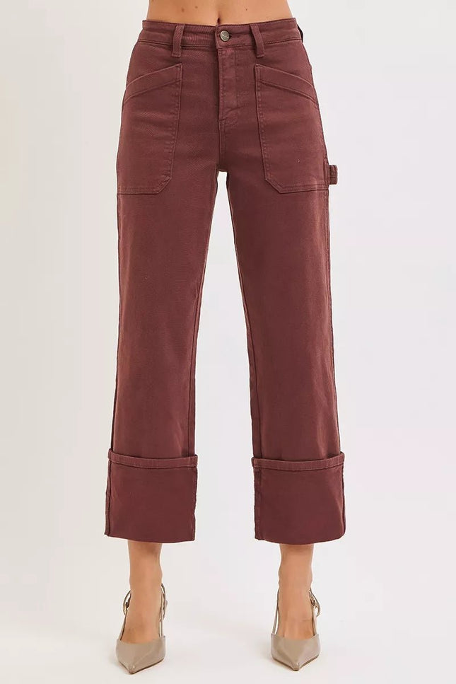RISEN Full Size High Rise Wide Straight Cuffed Patch Jeans Plus Size - THE AMERICAN BLUE