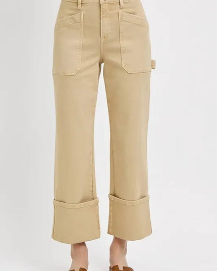 RISEN Full Size High Rise Wide Straight Cuffed Patch Jeans Plus Size - THE AMERICAN BLUE