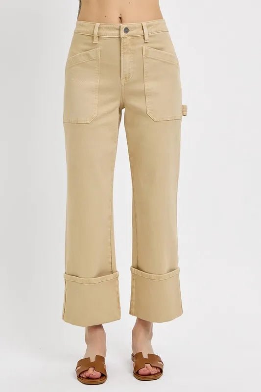 RISEN Full Size High Rise Wide Straight Cuffed Patch Jeans Plus Size - THE AMERICAN BLUE