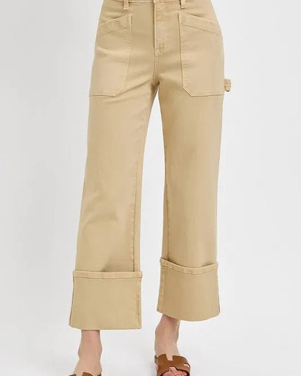 RISEN Full Size High Rise Wide Straight Cuffed Patch Jeans Plus Size - THE AMERICAN BLUE