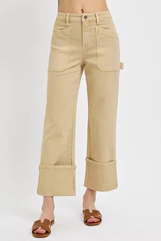 RISEN Full Size High Rise Wide Straight Cuffed Patch Jeans Plus Size - THE AMERICAN BLUE