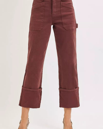 RISEN Full Size High Rise Wide Straight Cuffed Patch Jeans Plus Size - THE AMERICAN BLUE