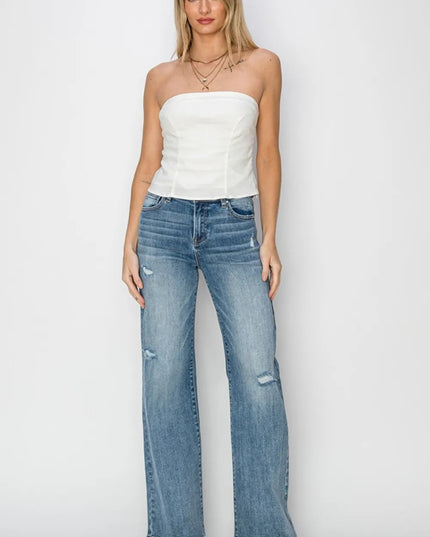 RISEN Full Size High Waist Distressed Wide Leg Jeans - THE AMERICAN BLUE