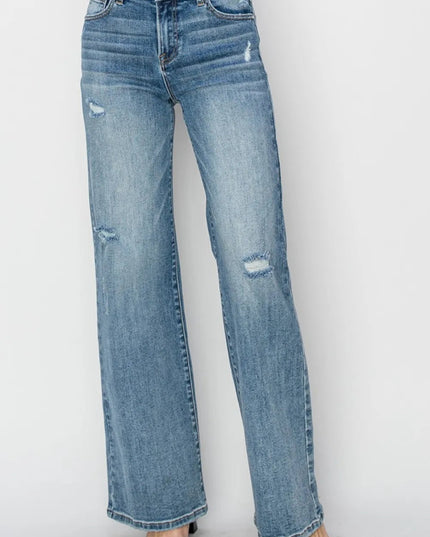 RISEN Full Size High Waist Distressed Wide Leg Jeans - THE AMERICAN BLUE