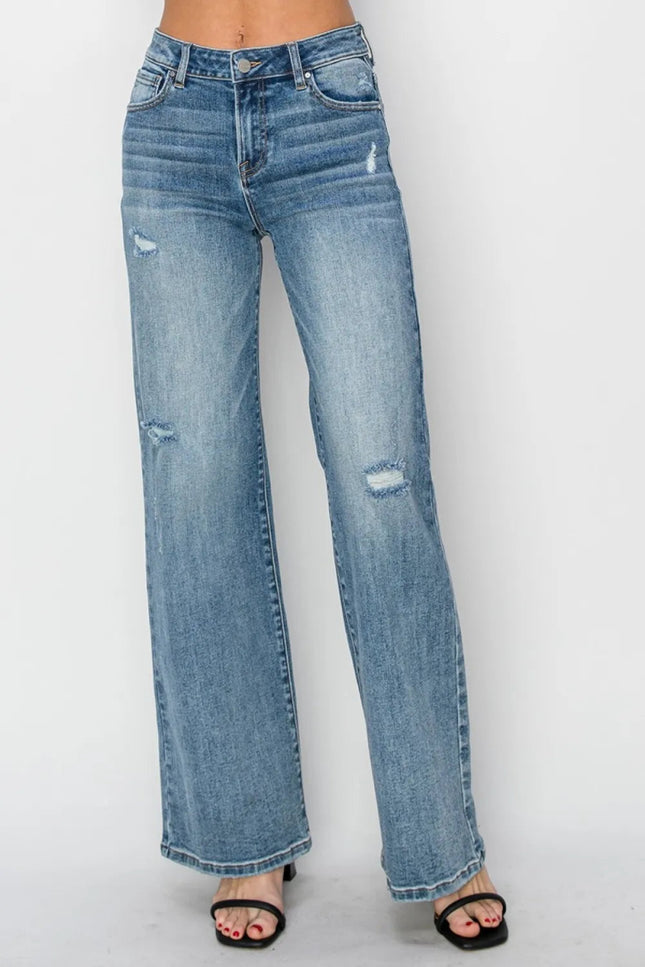 RISEN Full Size High Waist Distressed Wide Leg Jeans - THE AMERICAN BLUE