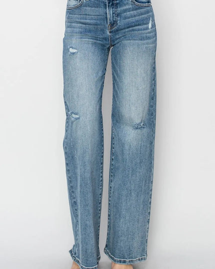 RISEN Full Size High Waist Distressed Wide Leg Jeans - THE AMERICAN BLUE