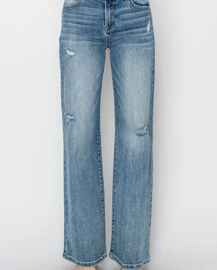 RISEN Full Size High Waist Distressed Wide Leg Jeans - THE AMERICAN BLUE