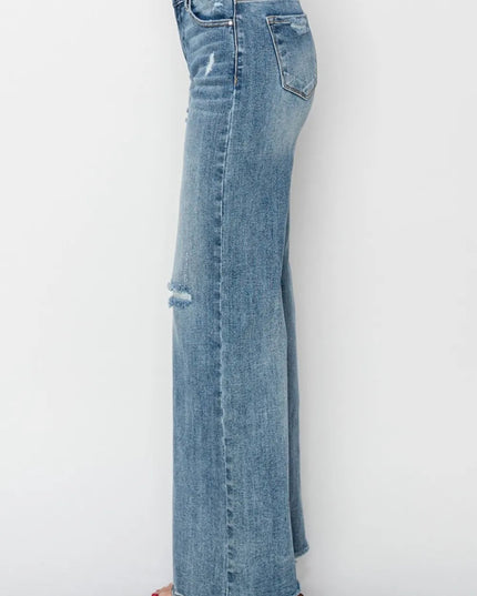 RISEN Full Size High Waist Distressed Wide Leg Jeans - THE AMERICAN BLUE