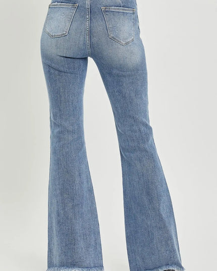 RISEN Full Size High Waist Raw Hem Flare Jeans - THE AMERICAN BLUE