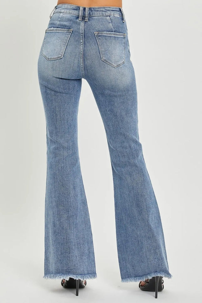 RISEN Full Size High Waist Raw Hem Flare Jeans - THE AMERICAN BLUE