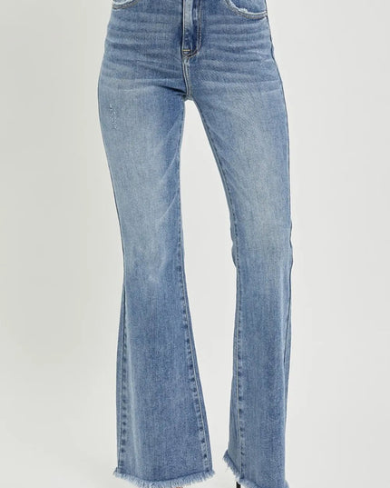 RISEN Full Size High Waist Raw Hem Flare Jeans - THE AMERICAN BLUE