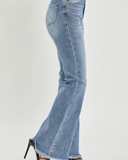 RISEN Full Size High Waist Raw Hem Flare Jeans - THE AMERICAN BLUE