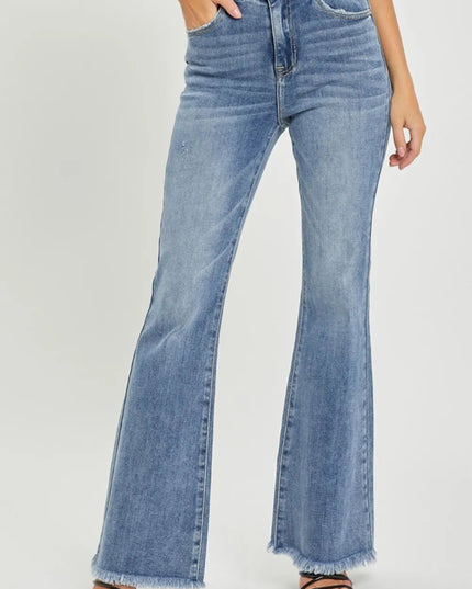 RISEN Full Size High Waist Raw Hem Flare Jeans - THE AMERICAN BLUE