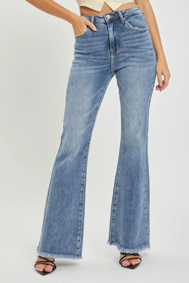 RISEN Full Size High Waist Raw Hem Flare Jeans - THE AMERICAN BLUE