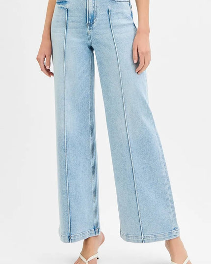 RISEN Full Size High Waist Wide Leg Pintuck Detailed Plus Size - THE AMERICAN BLUE