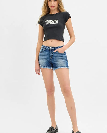 RISEN Full Size Low Rise Frayed Denim Shorts Plus Size - THE AMERICAN BLUE