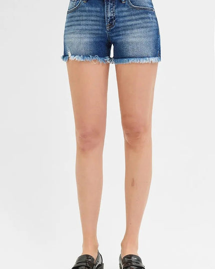 RISEN Full Size Low Rise Frayed Denim Shorts Plus Size - THE AMERICAN BLUE