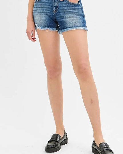 RISEN Full Size Low Rise Frayed Denim Shorts Plus Size - THE AMERICAN BLUE