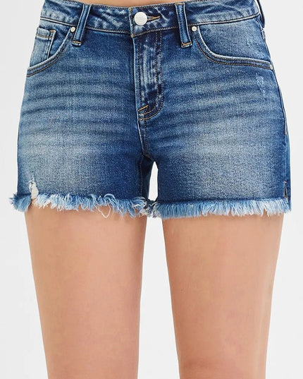 RISEN Full Size Low Rise Frayed Denim Shorts Plus Size - THE AMERICAN BLUE