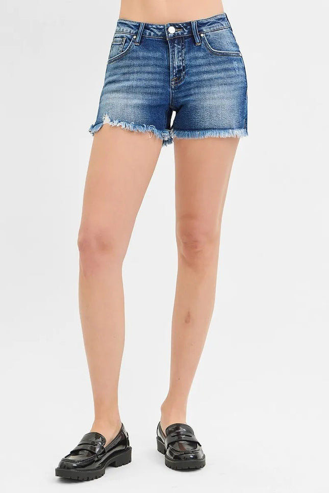 RISEN Full Size Low Rise Frayed Denim Shorts Plus Size - THE AMERICAN BLUE