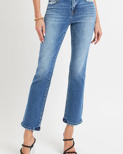 RISEN Full Size Mid Rise Ankle Straight Jeans with Pockets - THE AMERICAN BLUE
