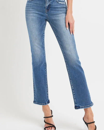 RISEN Full Size Mid Rise Ankle Straight Jeans with Pockets - THE AMERICAN BLUE