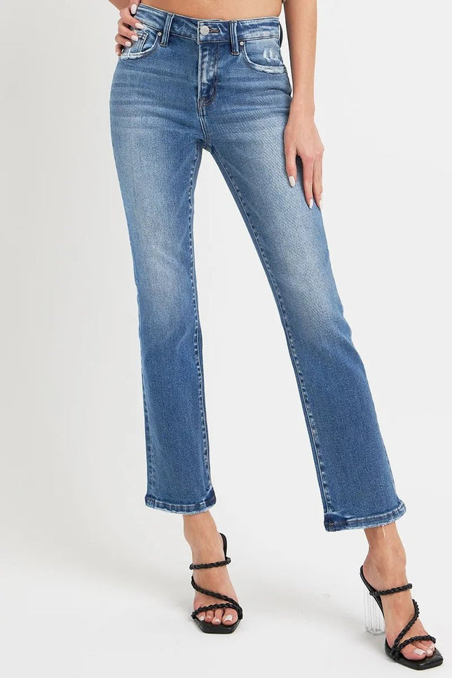 RISEN Full Size Mid Rise Ankle Straight Jeans with Pockets - THE AMERICAN BLUE
