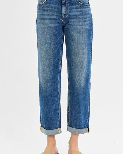 RISEN Full Size Mid Rise Boyfriend Roll Up Jeans Plus Size - THE AMERICAN BLUE