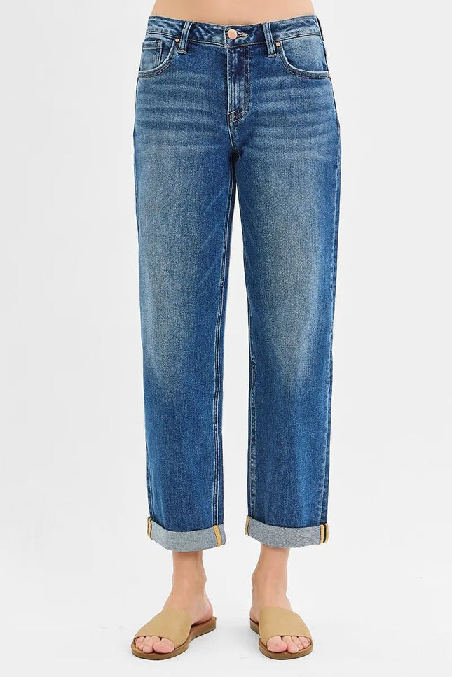 RISEN Full Size Mid Rise Boyfriend Roll Up Jeans Plus Size - THE AMERICAN BLUE