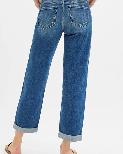 RISEN Full Size Mid Rise Boyfriend Roll Up Jeans Plus Size - THE AMERICAN BLUE